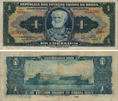 БРАЗИЛИЯ 1 КРУЗЕЙРО 1954-1958 SERIA 1124A, МАРКУС ДЕ ТАМАНДАРЕ, ABNC, ПОДПИСЬ 2 Pick 150а бумага 8605-42-3-1