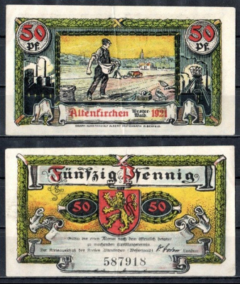 Альтенкирхен-им-Вестервальд (Пруссия, Рейн) 50 пфеннигов 1921 Mehl Grabowski 24.1a-3/3 бумага 7556-1-3-2