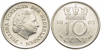 Нидерланды 10 центов 1965 Юлиана (1949-1980) KM 182 никель 112-268