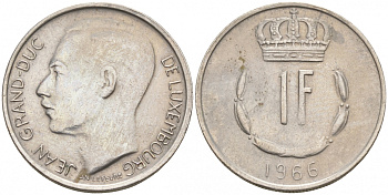 Люксембург 1 франк 1966 Великий герцог Жан (1964-1999) KM 55 медно-никель 68-614