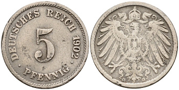 Германия 5 пфеннигов 1902 A KM 11, J. 12 медно-никель 4151-431