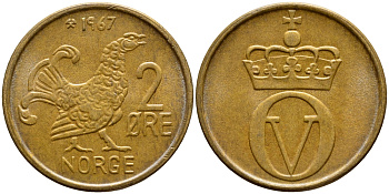 Норвегия 2 эре 1967 глухарь, Улаф V (1958-1991) KM 410 бронза 259-553
