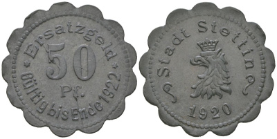 Штеттин (Пруссия, Померания) 50 пфеннингов 1920 Funck 522.6, Men18 30217.6 цинк 4586-842