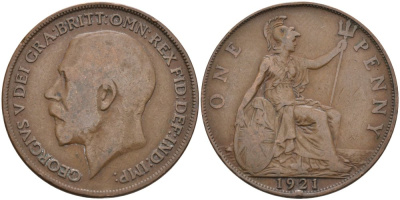Великобритания 1 пенни 1921 Георг V (1910-1936) KM 810, Spink 4051 бронза 215-644
