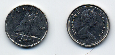 КАНАДА 10 ЦЕНТОВ 1980 KM 77.2 никель 54-258