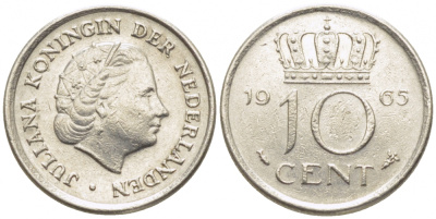 Нидерланды 10 центов 1965 Юлиана (1949-1980) KM 182 никель 112-268