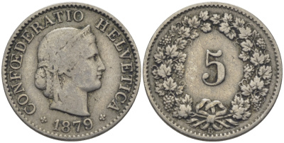 ШВЕЙЦАРИЯ 5 РАППЕНОВ 1879 KM 26 медно-никель 26-731