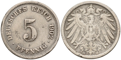 Германия 5 пфеннигов 1902 A KM 11, J. 12 медно-никель 4151-431