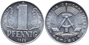 ГДР 1 ПФЕННИГ 1968 А KM 8.1 алюминий 4392-413