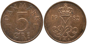 ДАНИЯ 5 ЭРЕ 1982 R; B, МАРГРЕТЕ II (1972-) KM 859.3 железо плакированное медью 116-159