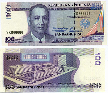 ФИЛИППИНЫ 100 ПИСО 2004 ПОДПИСЬ 17, СЕРИЯ YK 666666 Pick 194а бумага UNC (ПРЕСС) 6278-36-2-2