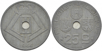 БЕЛЬГИЯ 25 САНТИМОВ 1944 BELGIE-BELGIQUE, ГЕРМАНСКАЯ ОККУПАЦИЯ, ВТОРАЯ МИРОВАЯ ВОЙНА KM 132 цинк 3996-621