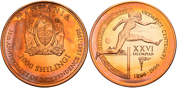 Танзания 2000 шиллингов 1996 XXVI Олимпийские игры 1996 года в Атланте, 100 лет Олимпийскому движению, бег с барьерами, пробник, гладкий гурт медь PROOF 06-135-35