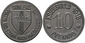 Кобленц (Пруссия, Рейн) 10 пфенингов 1918 Funck 80.1A, Men05 4526.1, Men18 5727.2 железо 4175-535