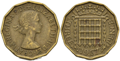 Великобритания 3 пенса 1967 Елизавета II (1952-2022) KM 900, Spink 4153 никель латунь 4603-237