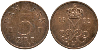 ДАНИЯ 5 ЭРЕ 1982 R; B, МАРГРЕТЕ II (1972-) KM 859.3 железо плакированное медью 116-159