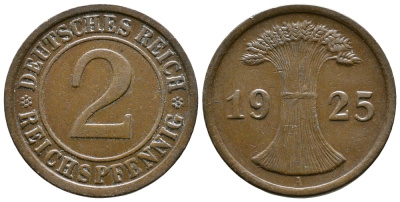 ГЕРМАНИЯ 2 РЕЙХСПФЕННИГА 1925 A KM 38, J. 314 бронза 176-343