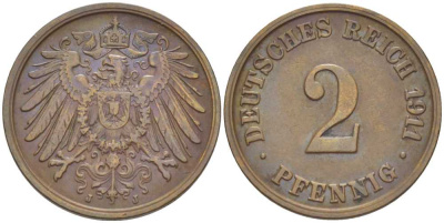 ГЕРМАНИЯ 2 ПФЕННИГА 1911 J KM 16, J. 11, Weege 4 медь 206-568