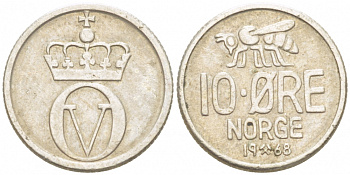 Норвегия 10 эре 1968 пчела, Улаф V (1958-1991) KM 411 медно-никель 3955-223