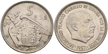 Испания 5 песет 1957(65) Франсиско Франко (1939-1975) KM 786 медно-никель 4571-1217