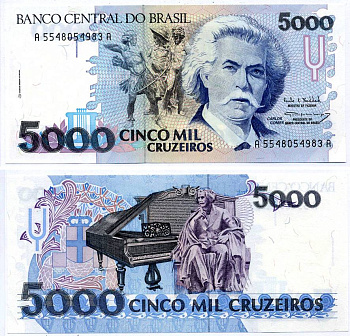 Бразилия 5000 крузейро ND (1990-1993) Карлось Гомес, музыкант, рояль Pick 232 с бумага аUNC 7487-50-1-1