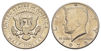 США 1/2 доллара (50 центов) 1972 D, Джон Кеннеди KM 202b медь плакированная медно-никелем aUNC 3855-242