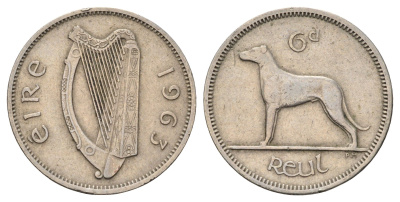 Ирландия 6 пенсов 1963 собака, ирландский волкодав KM 13a медно-никель 4682-556