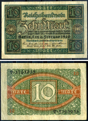 Германия 10 марок 1920 буква F, серия T, номер семизначный Pick 67a, Rosenberg 63а бумага 8617-29-1-2