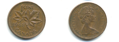 Канада 1 цент 1968 Елизавета II (1952-2022), кленовый лист KM 59.1 бронза 177-1333