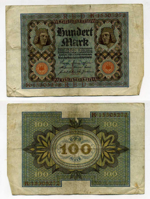 Германия 100 марок 1920 Бамбергский всадник, 8 цифр в номере Pick 69 b, Розенберг 69b бумага 8619-38-2-1