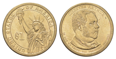 США 1 доллар 2012 P, Президент США - Честер Алан Артур (1881–1885) KM 524 медь с марганцево-латунным покрытием UNC 4629-315