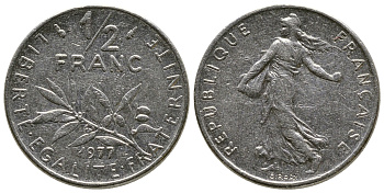 ФРАНЦИЯ 1/2 ФРАНКА 1977 СЕЯТЕЛЬ KM 931.1, LE FRANC 198.16 никель 93-1413