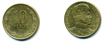 ЧИЛИ 10 ПЕСО 2002 ГЕНЕРАЛ БЕРНАРДО О ХИГГИНС KM 228.2 никель-бронза 37-218