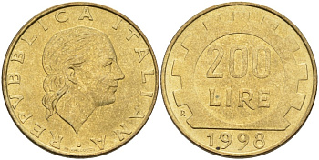 Италия 200 лир 1998 R, шестерня KM 105 алюминиевая бронза 76-414