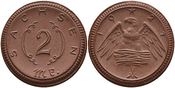 Саксония 2 марки 1921 J. N 56 фарфор 1094-2-15