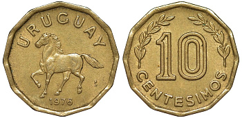 Уругвай 10 сентесимо 1976 KM 66 алюминиевая бронза 4164-743