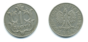 ПОЛЬША 1 ЗЛОТЫЙ 1929 w KM 14 никель 4383-227