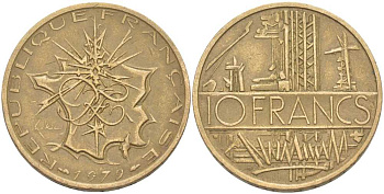 Франция 10 франков 1979 тип Матье KM 940, Le Franc 365.13-14 никель латунь 111-1016