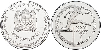 Танзания 2000 шиллингов 1996 XXVI Олимпийские игры 1996 года в Атланте, 100 лет Олимпийскому движению, бег с барьерами, пробник, рубчатый гурт алюминий PROOF 06-159-11