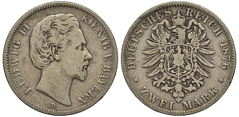 Бавария 2 марки 1876 Людвиг II (1864-1886) Weege 41, J. 41, KM 505 серебро 413-6815