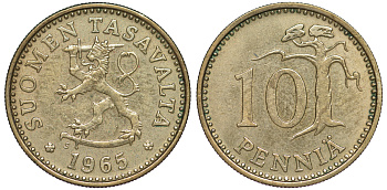 ФИНЛЯНДИЯ 10 ПЕННИ 1965 S KM 46 алюминиевая бронза 3334-1121