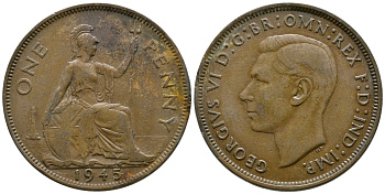 Великобритания 1 пенни 1945 Георг VI (1936-1952) KM 845, Spink 4114 бронза 4364-4321
