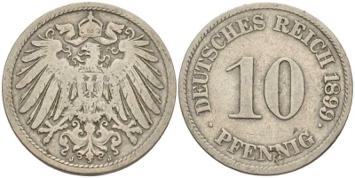 ГЕРМАНИЯ 10 ПФЕННИГОВ 1899 J KM 12, J. 13 медно-никель 4401-1051