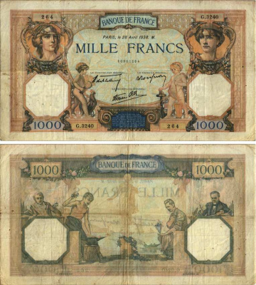 ФРАНЦИЯ 1000 ФРАНКОВ 1938 28 АПРЕЛЯ 1938 Pick 90с бумага VF 8607-90-1