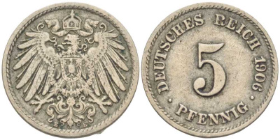 ГЕРМАНИЯ 5 ПФЕННИГОВ 1906 E KM 11, J. 12 медно-никель 105-122