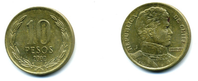 ЧИЛИ 10 ПЕСО 2002 ГЕНЕРАЛ БЕРНАРДО О ХИГГИНС KM 228.2 никель-бронза 37-218