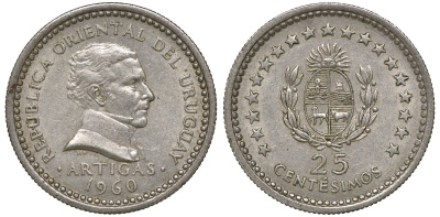 Уругвай 25 сентесимо 1960 KM 40 медно-никель 4169-1024