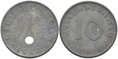 ГЕРМАНИЯ 10 РЕЙХСПФЕННИГОВ 1942 A KM 101, J. 371 цинк 212-822