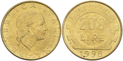 Италия 200 лир 1998 R, шестерня KM 105 алюминиевая бронза 76-414