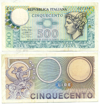 Италия 500 лир 1974 Меркурий Pick 94 бумага 7551-13-2-1